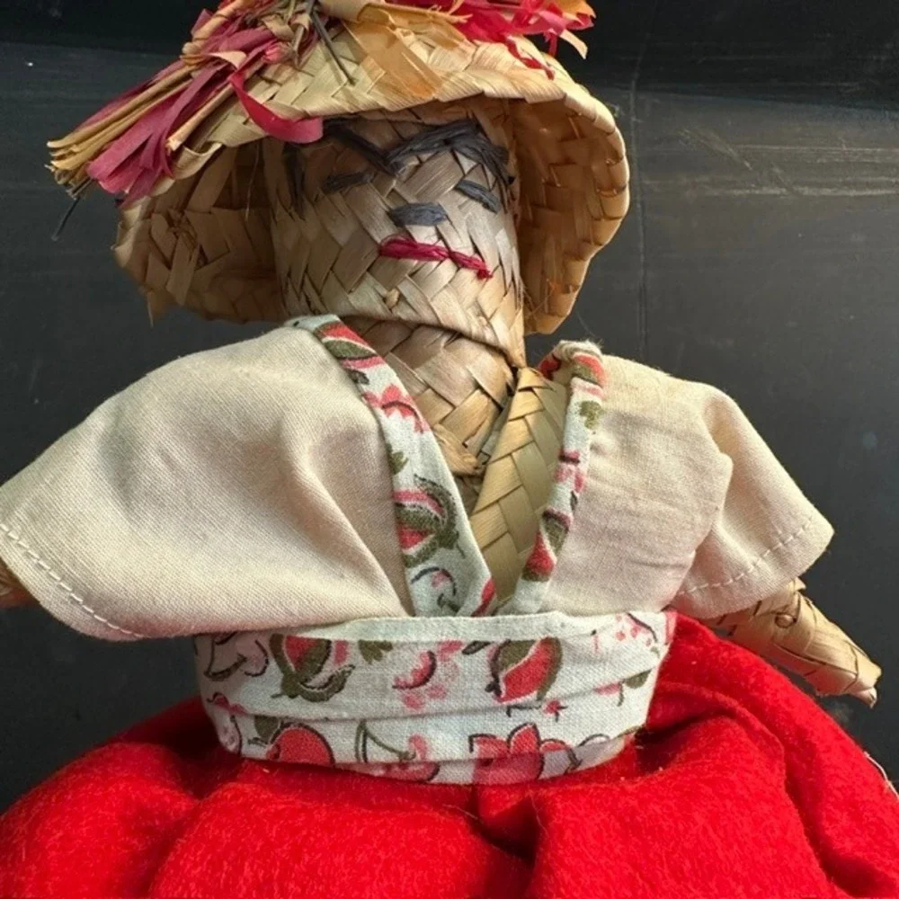Vintage Jamaica Straw Doll Handmade Folk Art Red Skirt Caribbean Souvenir 9.5